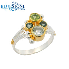 Silver & Gold Ring with Green Amethyst, Peridot and Topaz- Size 7
