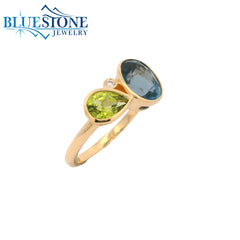 14KYG Bezel Ring w/ Blue Topaz, Peridot & One Diamond - Sz. 7
