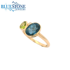 14KYG Bezel Ring w/ Blue Topaz, Peridot & One Diamond - Sz. 7