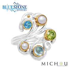 Silver & Gold Ring with Topazes, Pearl, Peridot- Size 6.25