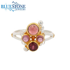Two-Tone Ring w/ Garnets & Rhodolite Garnet Gemstones - sz 6.25