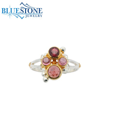 Two-Tone Ring w/ Garnets & Rhodolite Garnet Gemstones - sz 7.25