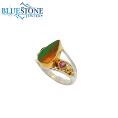 Two-Tone Ring w/ Beetle Wing & Rhodolite Garnets -Size 7