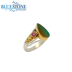 Two-Tone Ring w/ Beetle Wing & Rhodolite Garnets -Size 7