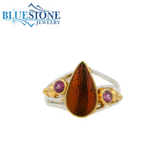 Two-Tone Ring w/ Beetle Wing & Rhodolite Garnets -Size 7