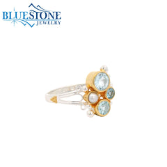 Silver & Gold Ring with Pearl and Topaz- Size 7.75