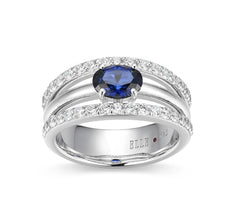Sterling Silver Lab Sapphire Ring w/ Encrusted Cubic Zirconias - Sz. 7