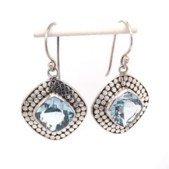 Sterling Silver Wire Earrings with Two Square Cushion Cut Blue Topazes