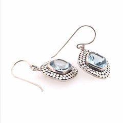 Sterling Silver Wire Earrings with Two Square Cushion Cut Blue Topazes