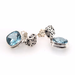 Sterling Silver Square Post Drop Earrings w/ Blue Topazes