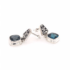 Sterling Silver Post Drop Earrings with Two Small Cushion Cut London B