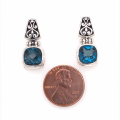 Sterling Silver Post Drop Earrings with Two Small Cushion Cut London B