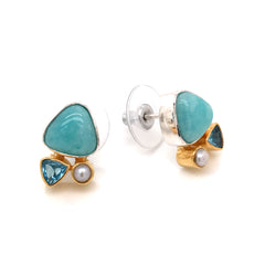 Two-Tone Stud Earrings with Amazonite, Pearl and Topaz