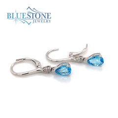 14K White Gold Blue Topaz and Diamond Earrings