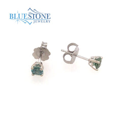 14 Karat White Gold Stud Earrings with 3.5mm Round Teal Blue/Green Sapphires.