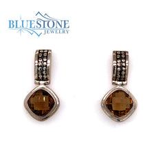 Sterling Silver Post Earrings with Two 7.5mm Cushion Cut Smokey Topaz