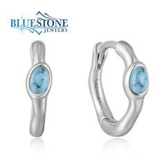 Sterling Silver Rhoduim Plated Wave Hoop Earrings with Two Oval Turquo