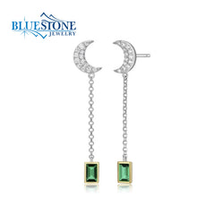 Silver Half Moon Earrings with Green CZs