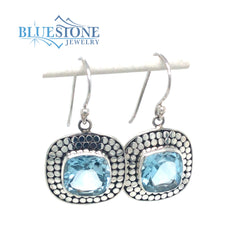 Sterling Silver Wire Earrings with Two Square Cushion Cut Blue Topazes