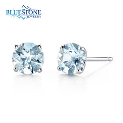14 Karat White Gold Stud Earrings with Two 6mm Round 1.50 Carat Aquama