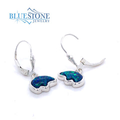 Sterling Silver Lever Back Earrings with 2 Bear Shaped Lab Grown Opals