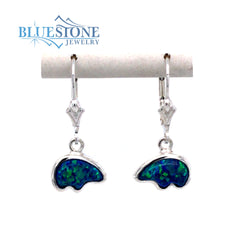 Sterling Silver Lever Back Earrings with 2 Bear Shaped Lab Grown Opals
