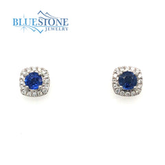 14 Karat White Gold Stud Earrings with 2 Round Natural Sapphires and 3