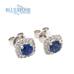 14 Karat White Gold Stud Earrings with 2 Round Natural Sapphires and 3