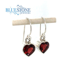 Sterling Silver French Wire Garnet Heart Earrings