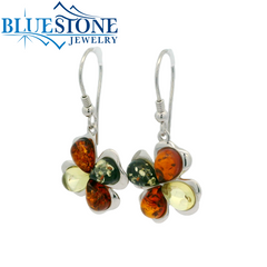 Silver Clover Earrings with Baltic Amber