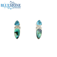 Sterling Silver Stud Earrings w/ Abalone & Blue Topaz