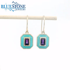 Sterling Silver Wire Earrings w/ Turquoise and Amethyst