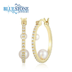 Gold Plated Hoop Earrings with Pearls & CZs
