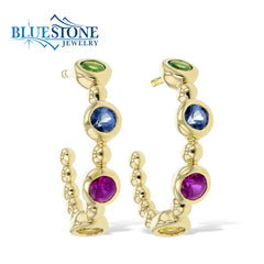 14kt Yellow Gold Rainbow Sapphire and Garnet Hoops