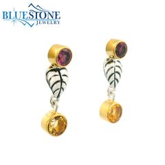 Silver & Gold Earrings with Citrines & Garnets