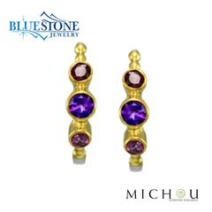 Silver & Gold Hoops Earrings with Amethysts and Garnets