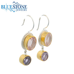 Silver & Gold Earrings with Rose Quartz and Amethysts