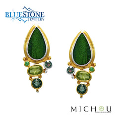 Silver adn Gold Earrings with Beetle Wing, Emeralds, Peridots and Topazes