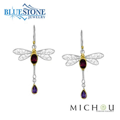 Two-Tone Dragon Fly Earrings w/ Rhodolite Garnets & Ameythsits
