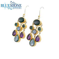Two-Tone Earrings w/ Topaz, African Amethyst & Mother of Pearl