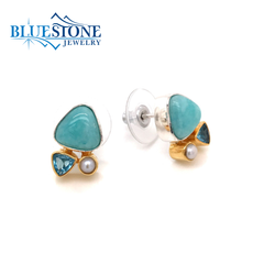 Two-Tone Stud Earrings with Amazonite, Pearl and Topaz