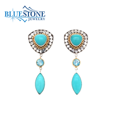 Two-Tone  Gold Earrings w/ Turquoises & Blue Topaz