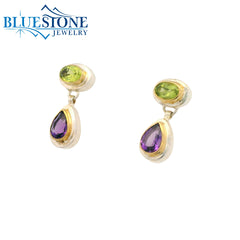 Two-Tone Drop Stud Earrings w/ African Amethysts & Peridot