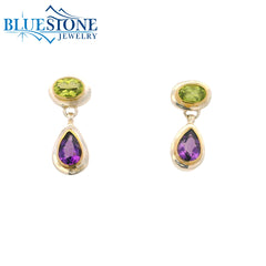 Two-Tone Drop Stud Earrings w/ African Amethysts & Peridot