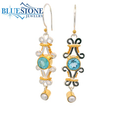 Two-Tone Earrings with Blue Topaz & Pearl Gemstones