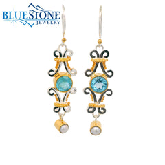 Two-Tone Earrings with Blue Topaz & Pearl Gemstones