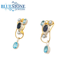 Two-Tone Earrings with Pearls & Iolite/Baby Blue Topaz Gemstones