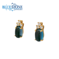 14KYG London Blue Topaz Cabochon Stud Earrings w/ Diamonds