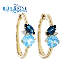 14KT Yellow Gold London And Sky Blue Topaz Hoop Earrings