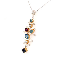 Silver & Gold Pendant with Topaz, Pearl, Garnet, Agate and Moonstone with Chain